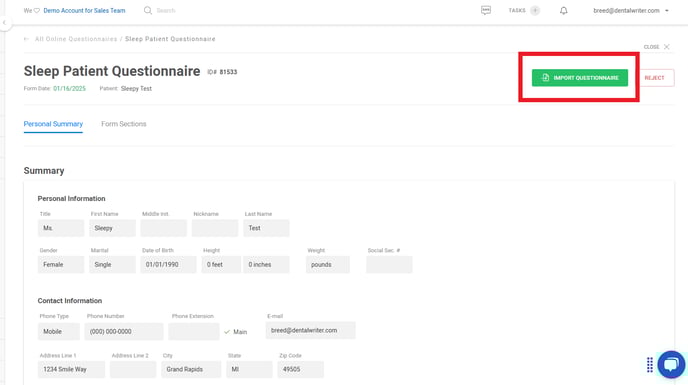 import questionnaire button