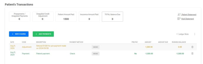 refund pre-payment applied to ledger
